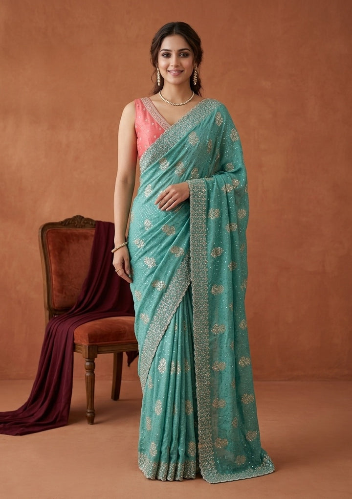 Sea Green Soft Raw Silk Floral Printed Gold Zariwork Saree With Matching Blouse Piece