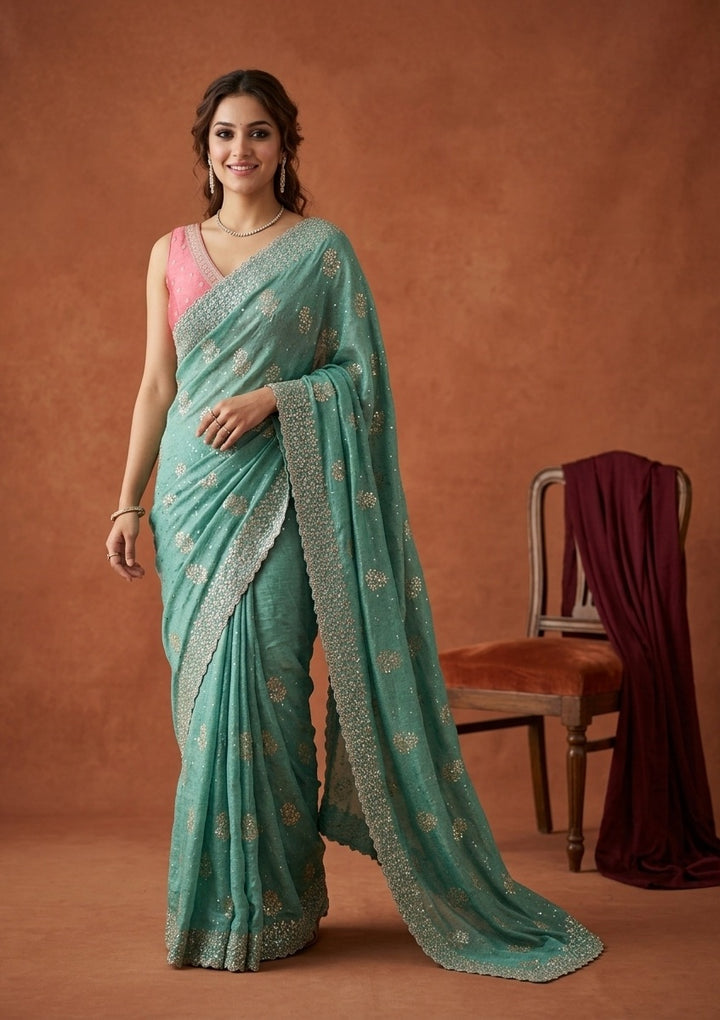 Sea Green Soft Raw Silk Floral Printed Gold Zariwork Saree With Matching Blouse Piece