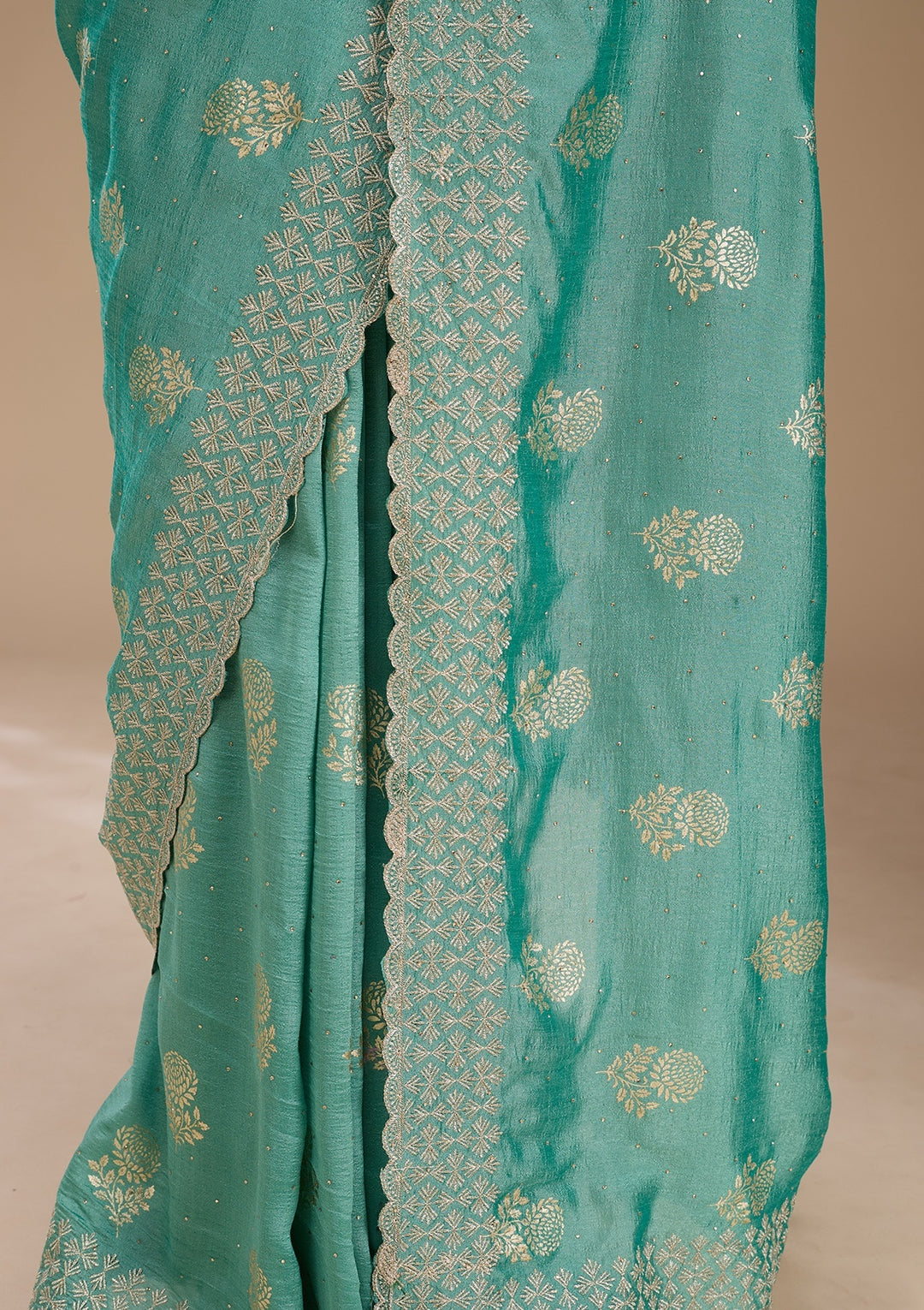 Sea Green Soft Raw Silk Floral Printed Gold Zariwork Saree With Matching Blouse Piece