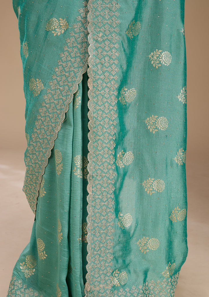 Sea Green Soft Raw Silk Floral Printed Gold Zariwork Saree With Matching Blouse Piece