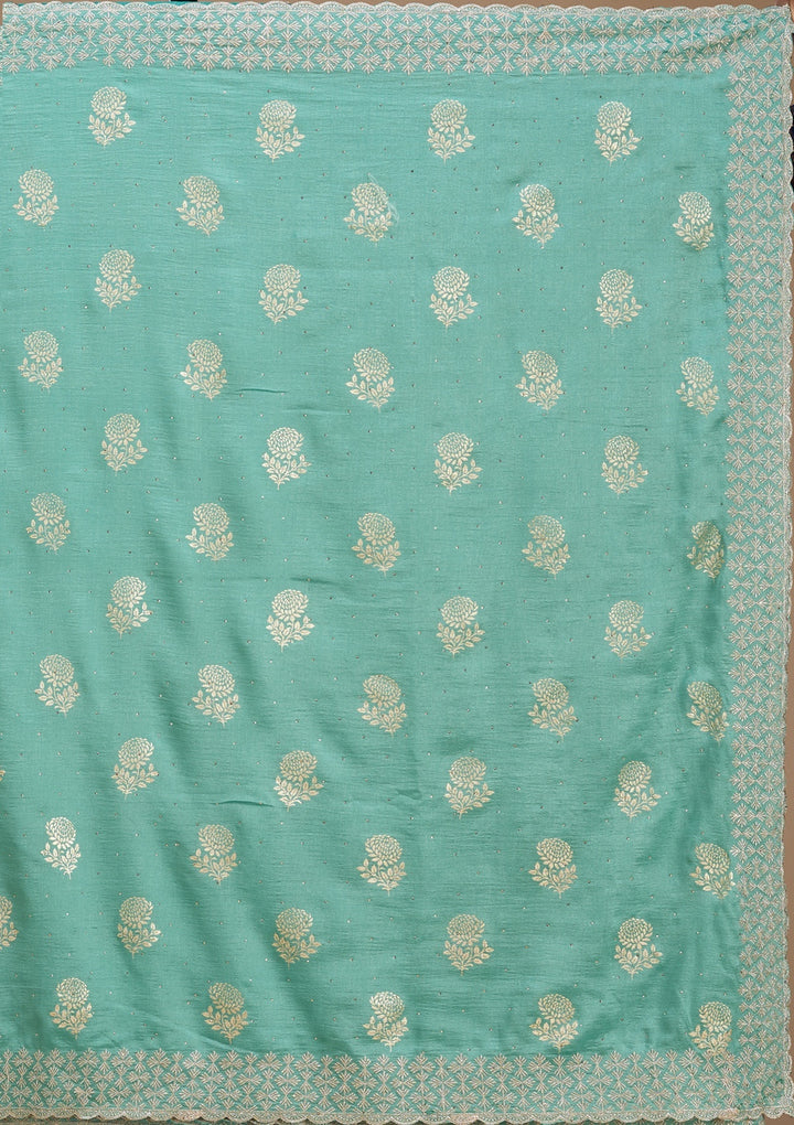 Sea Green Soft Raw Silk Floral Printed Gold Zariwork Saree With Matching Blouse Piece
