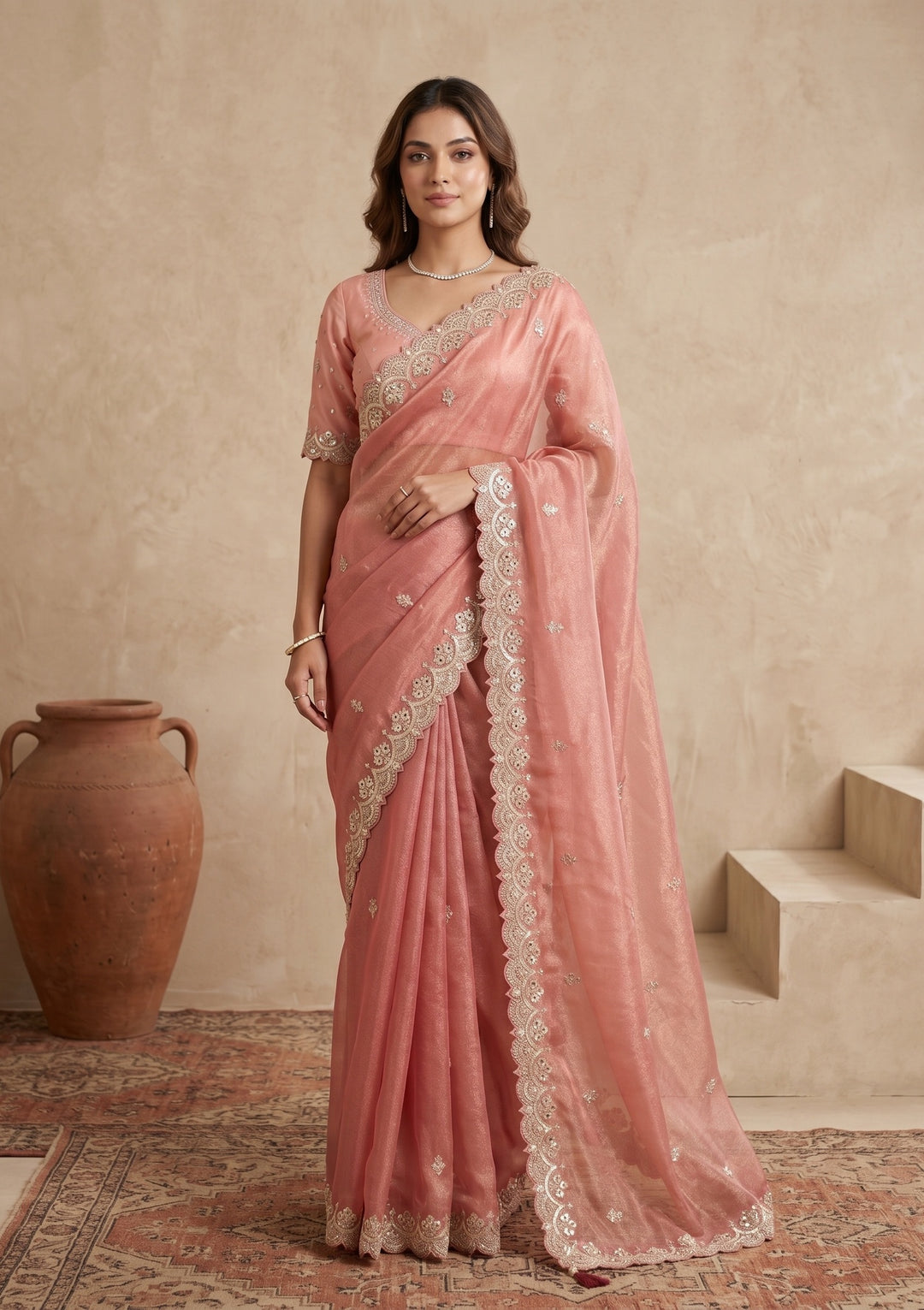 Onion Pink Sequins Tissue Saree