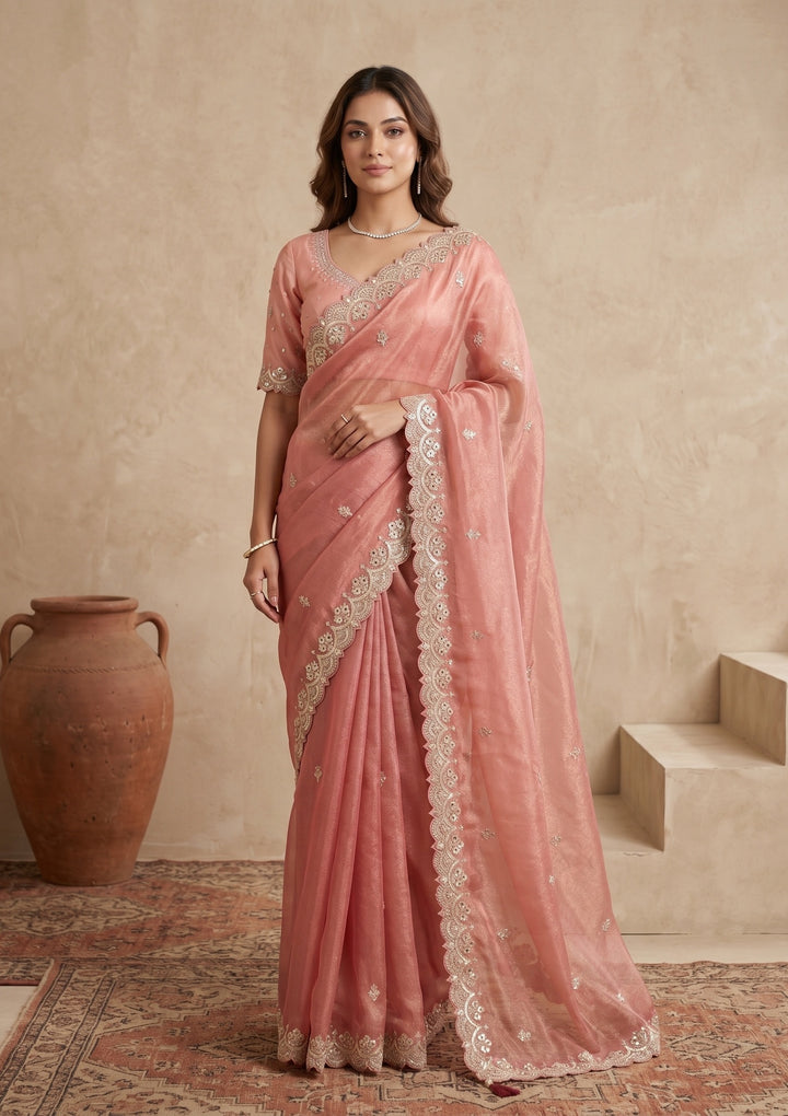 Onion Pink Sequins Tissue Saree