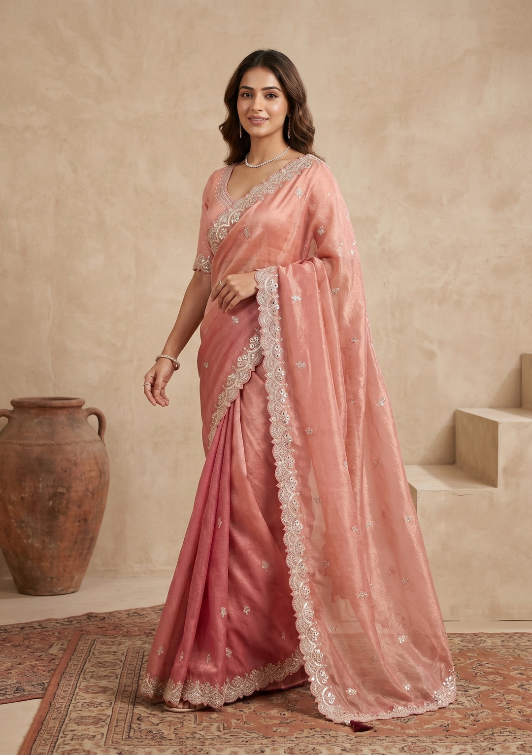 Onion Pink Sequins Tissue Saree