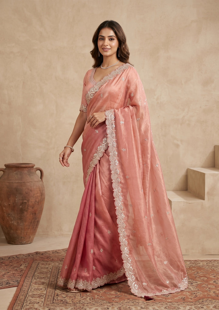 Onion Pink Sequins Tissue Saree