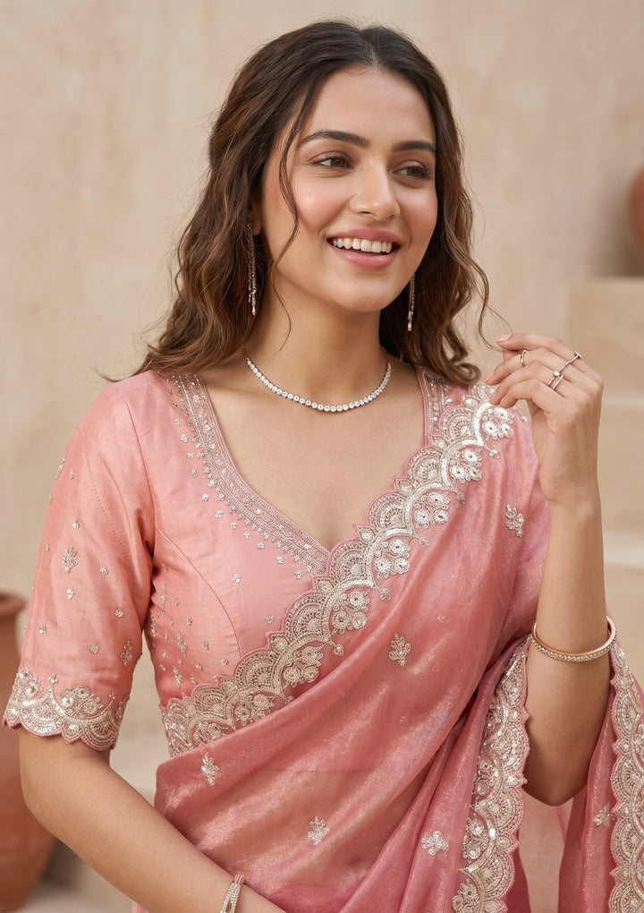 Onion Pink Sequins Tissue Saree