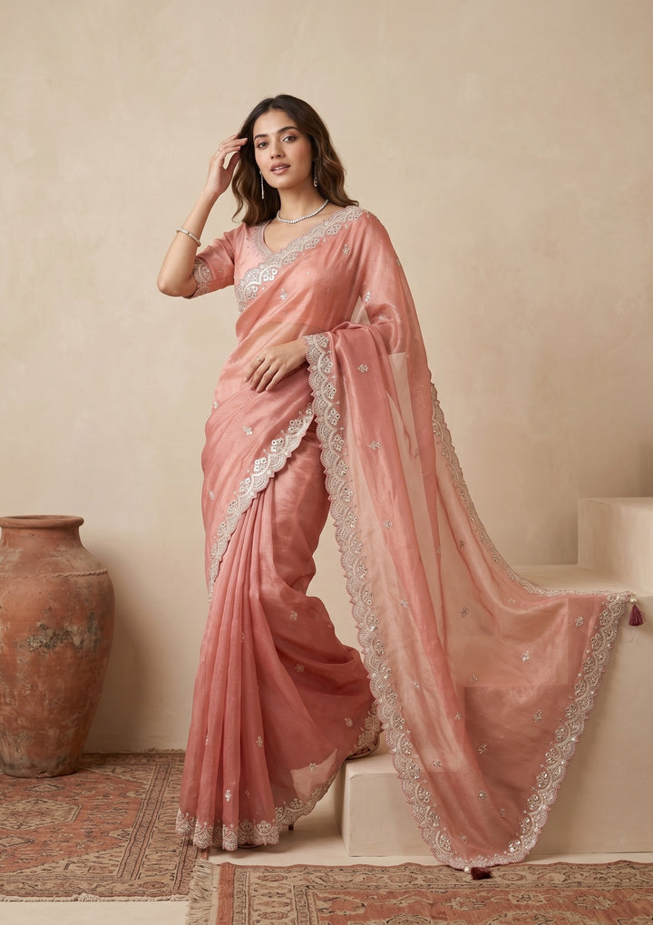 Onion Pink Sequins Tissue Saree