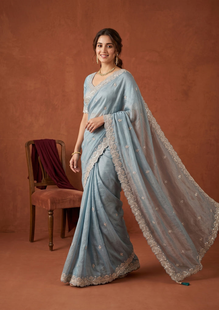 Sky Blue Sequins Tissue Saree
