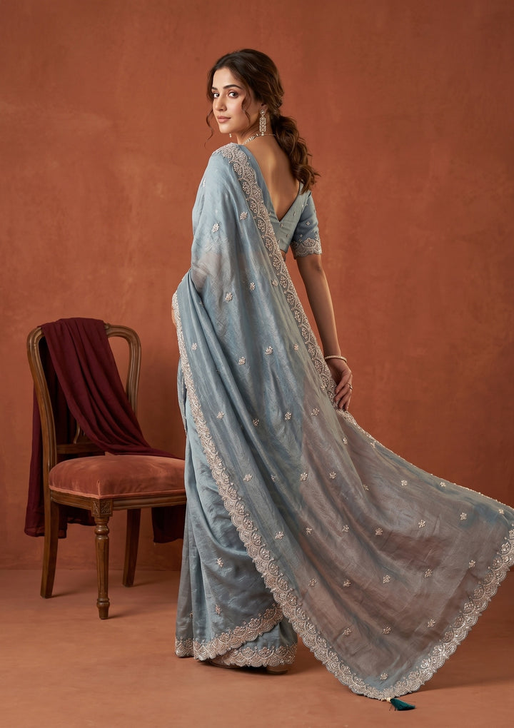 Sky Blue Sequins Tissue Saree