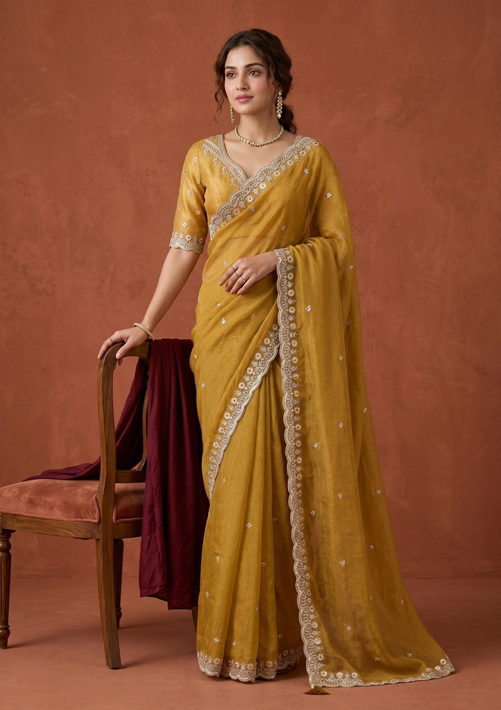 Mustard Sequins Tissue Saree