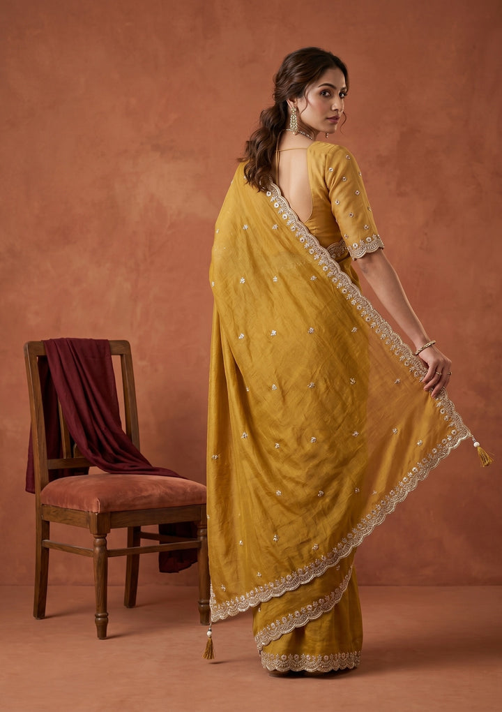 Mustard Sequins Tissue Saree