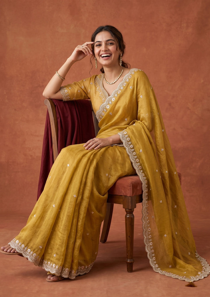 Mustard Sequins Tissue Saree