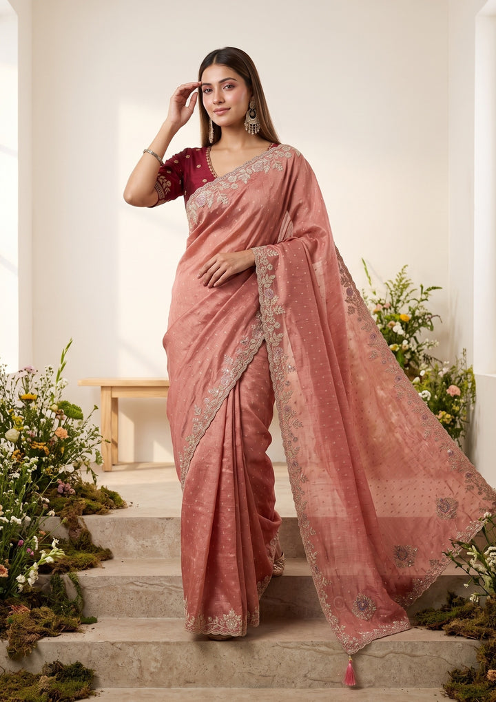Peach Threadwork Soft Raw Silk Saree