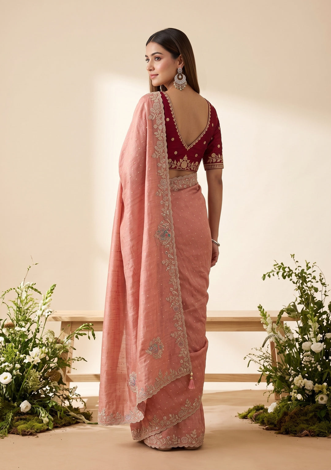 Peach Threadwork Soft Raw Silk Saree