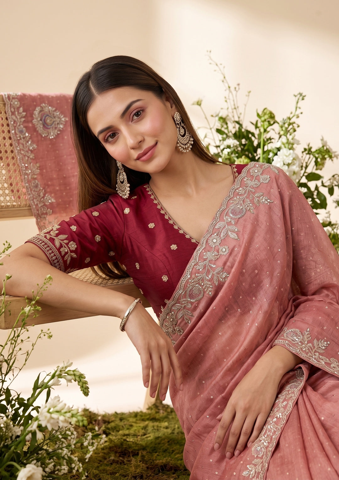 Peach Threadwork Soft Raw Silk Saree