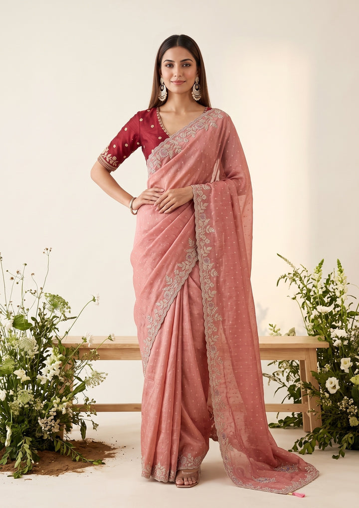 Peach Threadwork Soft Raw Silk Saree
