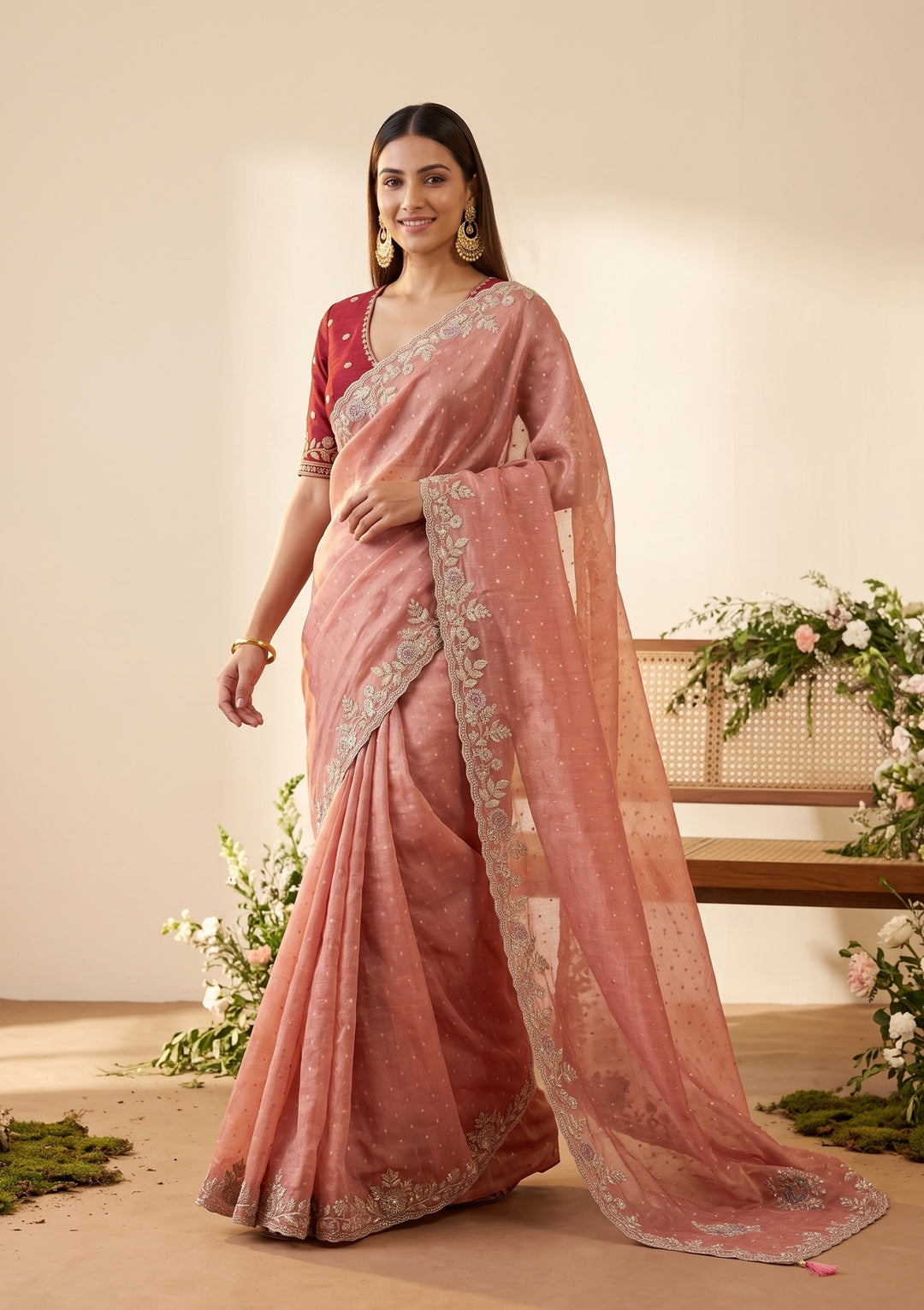 Peach Threadwork Soft Raw Silk Saree