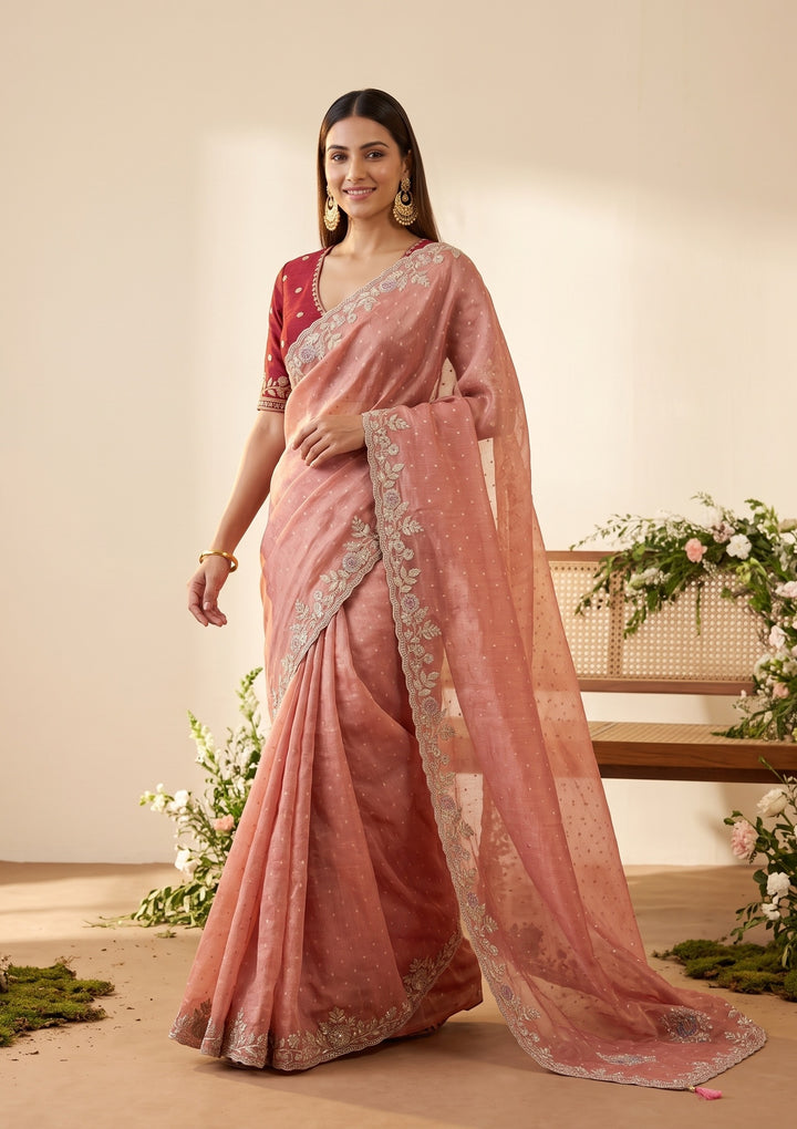 Peach Threadwork Soft Raw Silk Saree