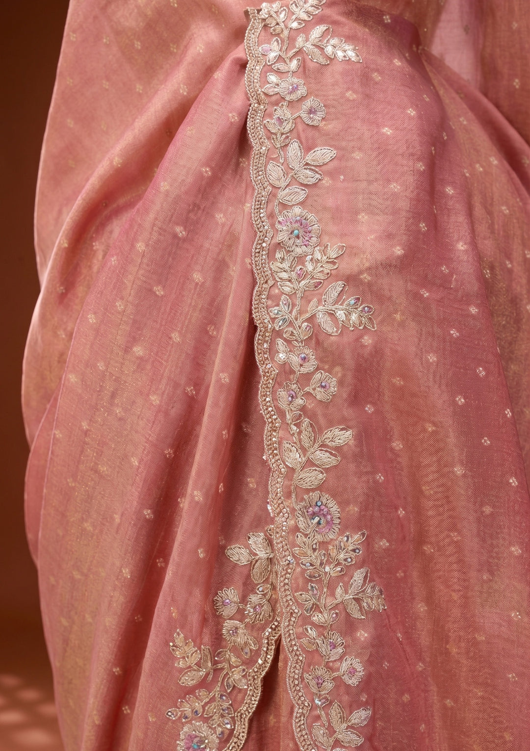 Peach Threadwork Soft Raw Silk Saree