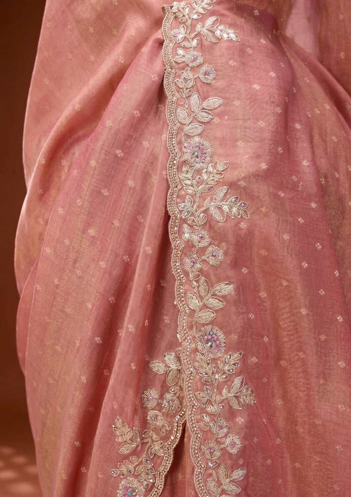 Peach Threadwork Soft Raw Silk Saree