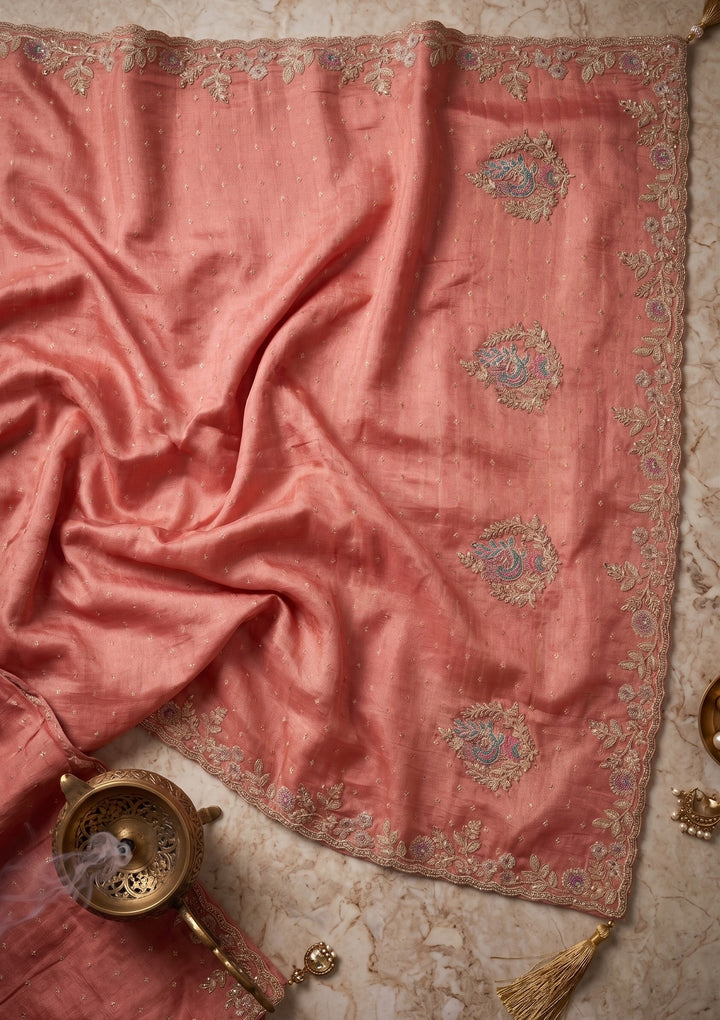 Peach Threadwork Soft Raw Silk Saree