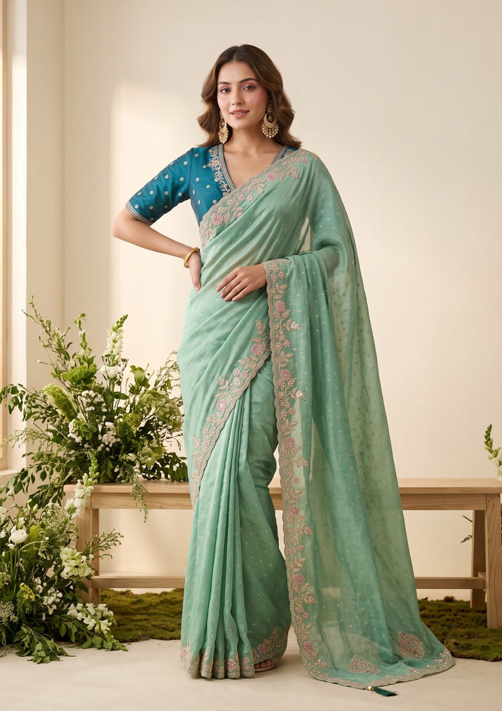 Sea Green Threadwork Soft Raw Silk Saree