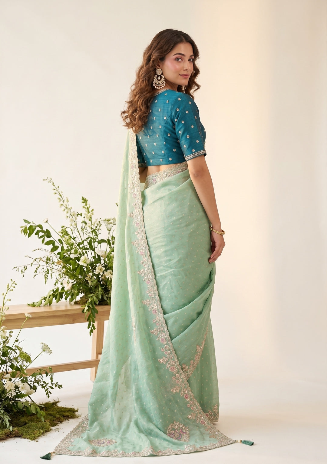 Sea Green Threadwork Soft Raw Silk Saree