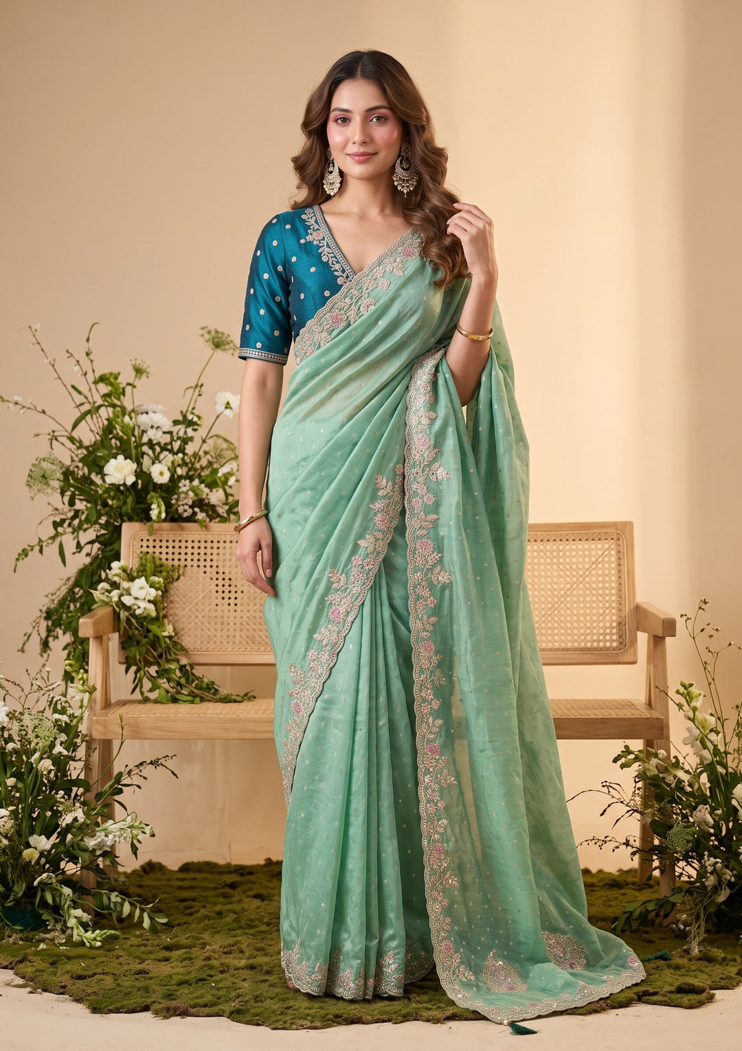 Sea Green Threadwork Soft Raw Silk Saree