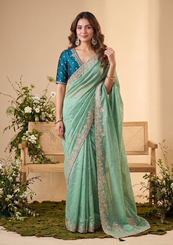 Sea Green Threadwork Soft Raw Silk Saree