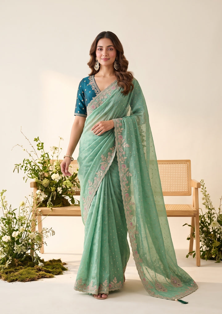 Sea Green Threadwork Soft Raw Silk Saree