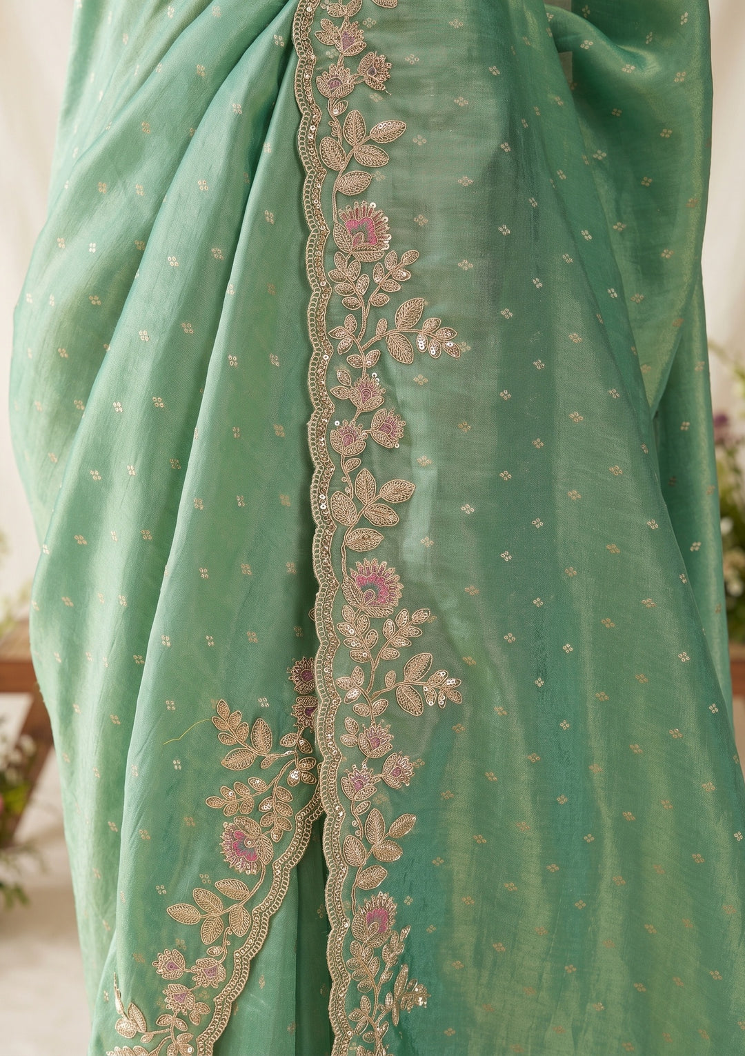 Sea Green Threadwork Soft Raw Silk Saree