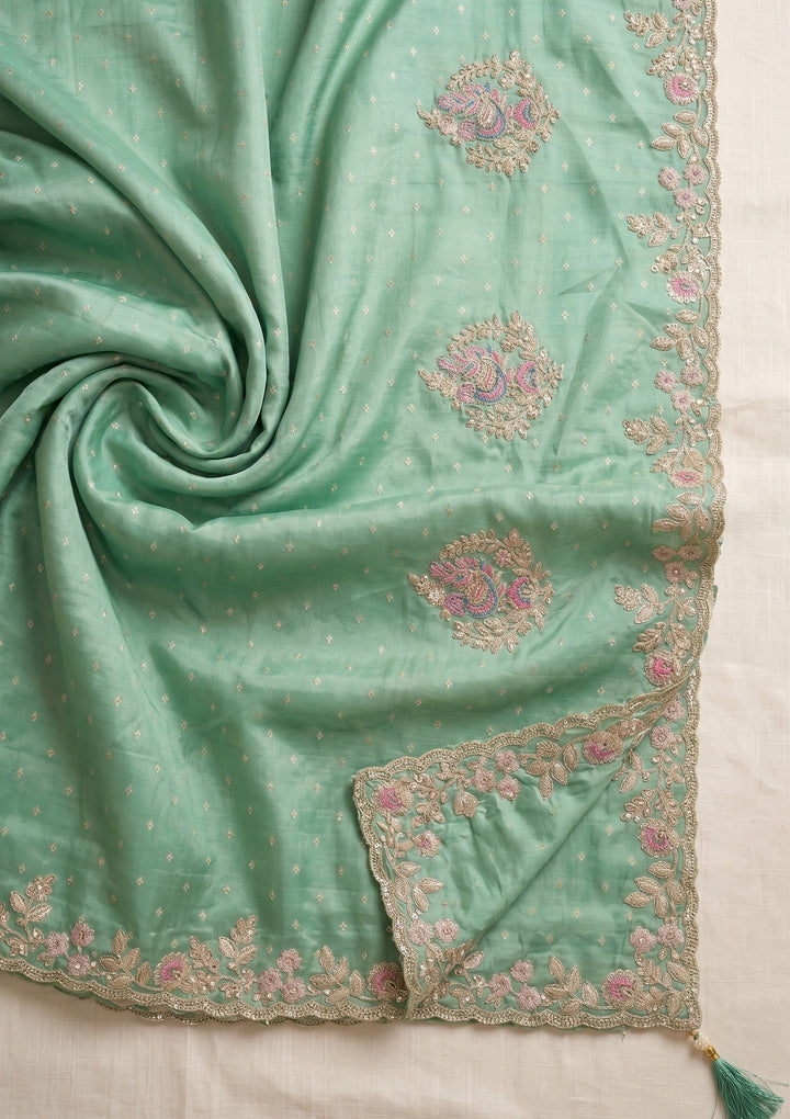 Sea Green Threadwork Soft Raw Silk Saree