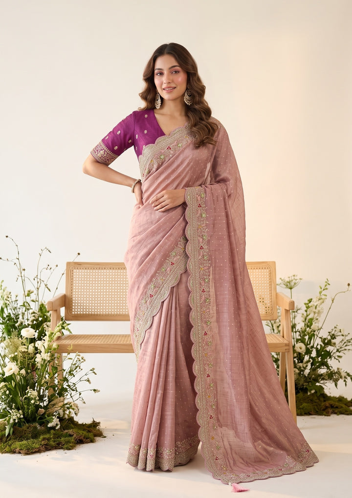 Baby Pink Threadwork Soft Raw Silk Saree