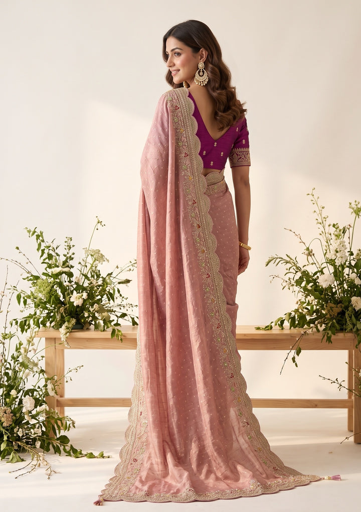 Baby Pink Threadwork Soft Raw Silk Saree