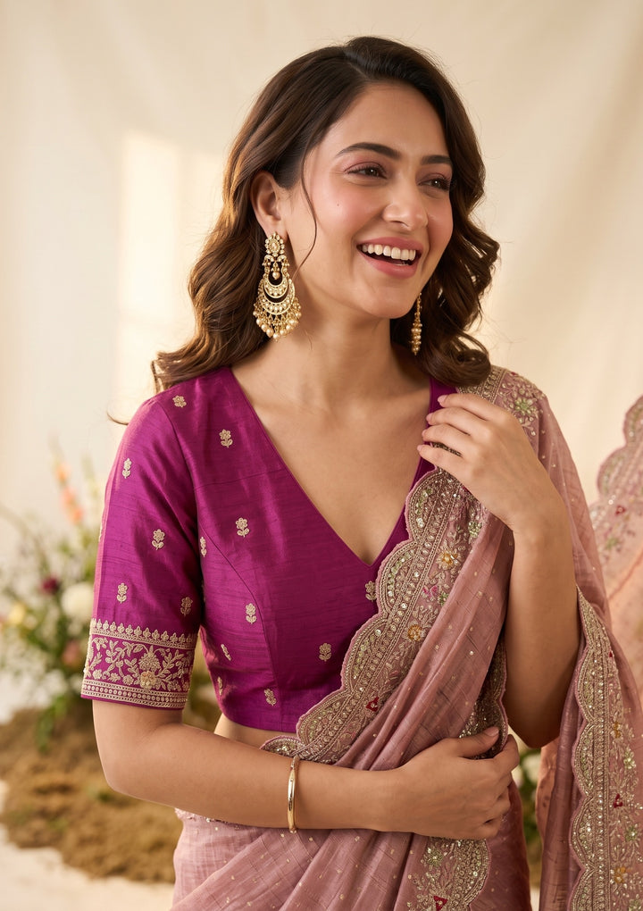 Baby Pink Threadwork Soft Raw Silk Saree