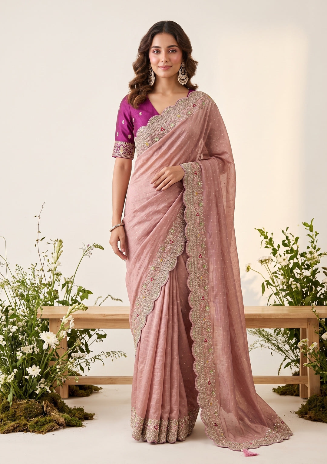 Baby Pink Threadwork Soft Raw Silk Saree