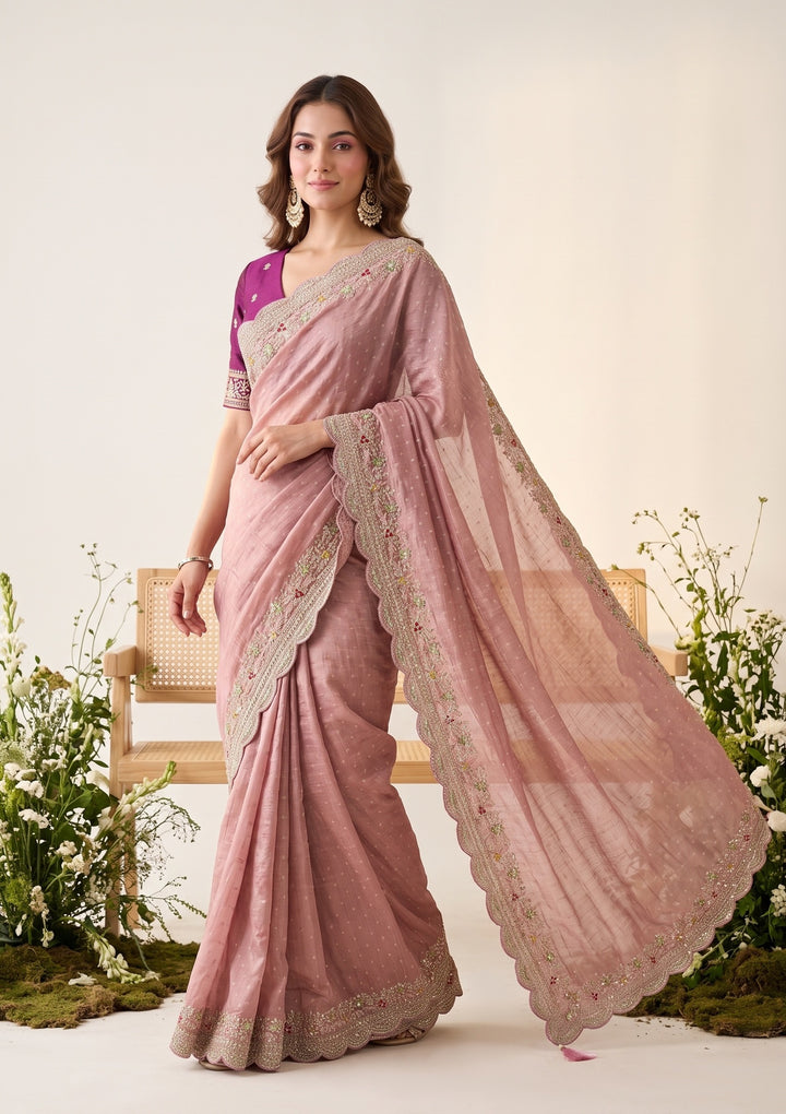 Baby Pink Threadwork Soft Raw Silk Saree