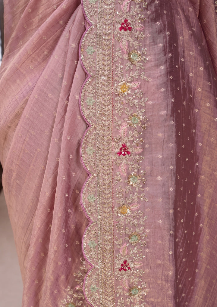 Baby Pink Threadwork Soft Raw Silk Saree