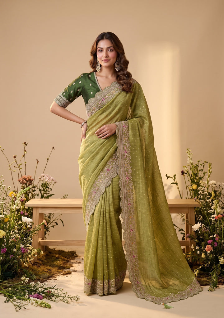 Pista Green Threadwork Soft Raw Silk Saree
