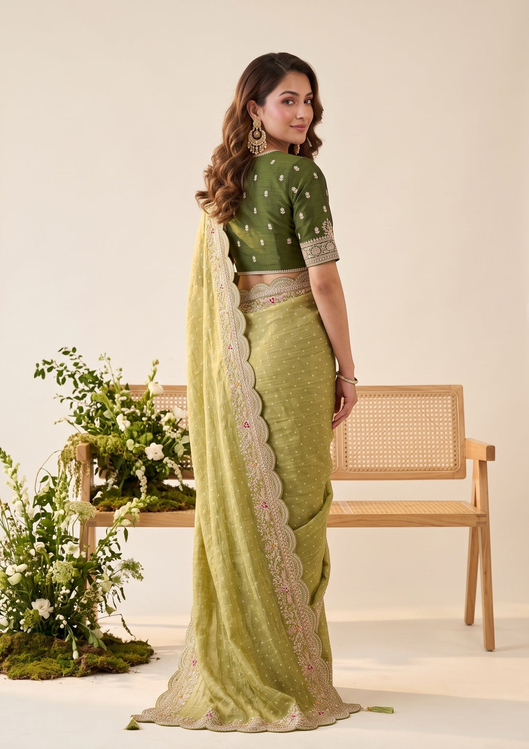 Pista Green Threadwork Soft Raw Silk Saree