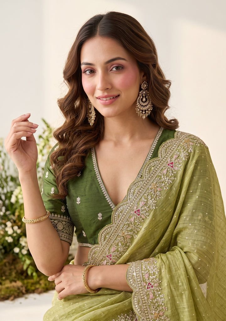 Pista Green Threadwork Soft Raw Silk Saree