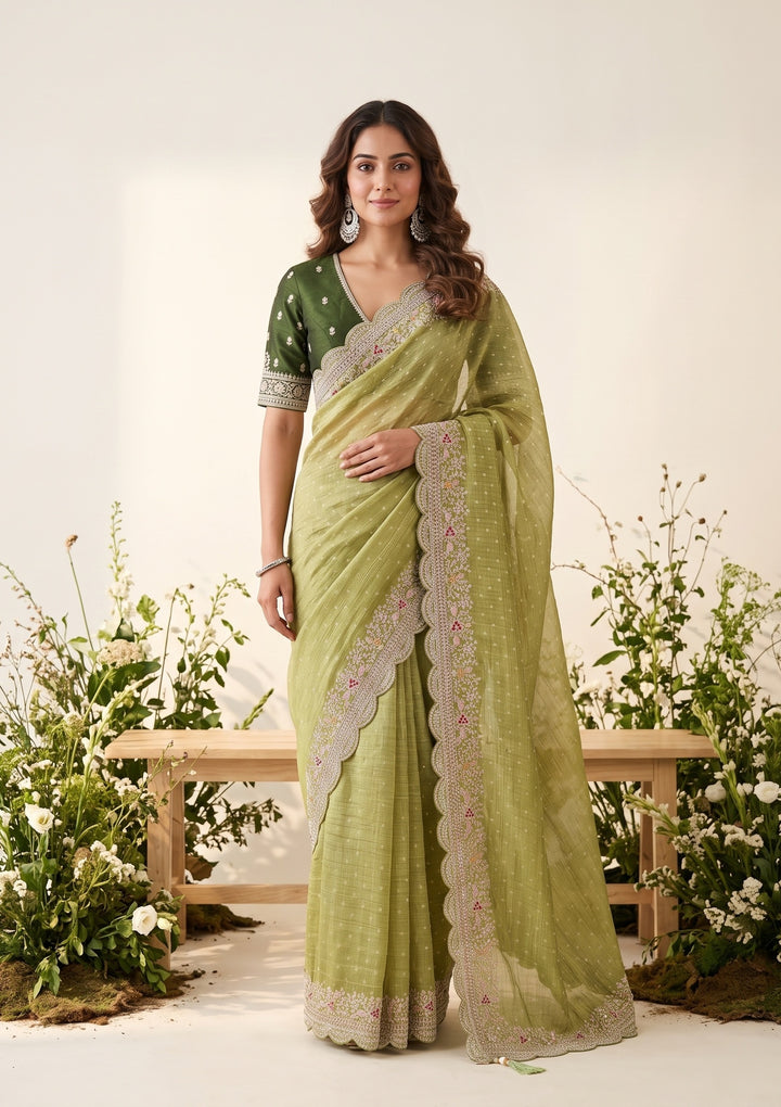 Pista Green Threadwork Soft Raw Silk Saree