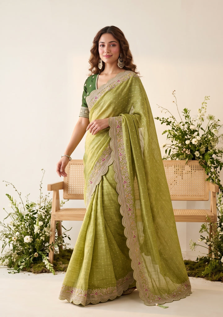 Pista Green Threadwork Soft Raw Silk Saree
