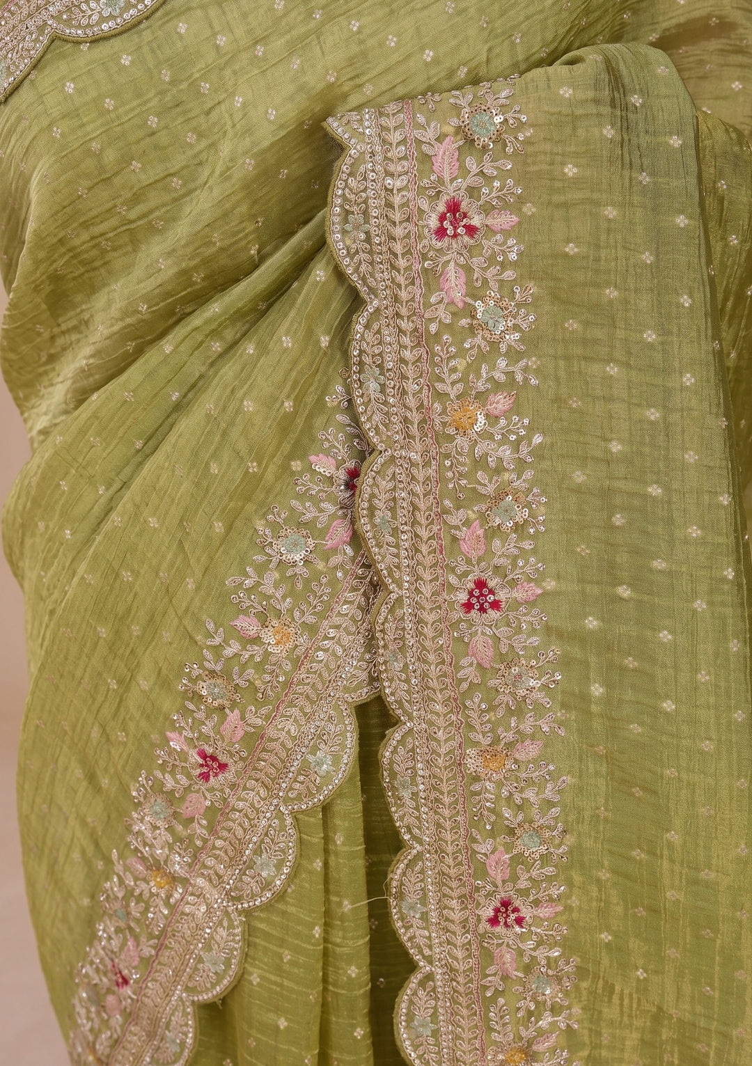 Pista Green Threadwork Soft Raw Silk Saree