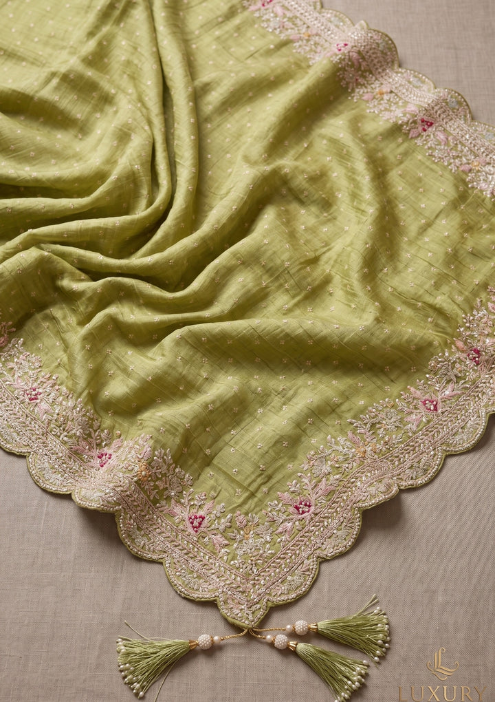 Pista Green Threadwork Soft Raw Silk Saree