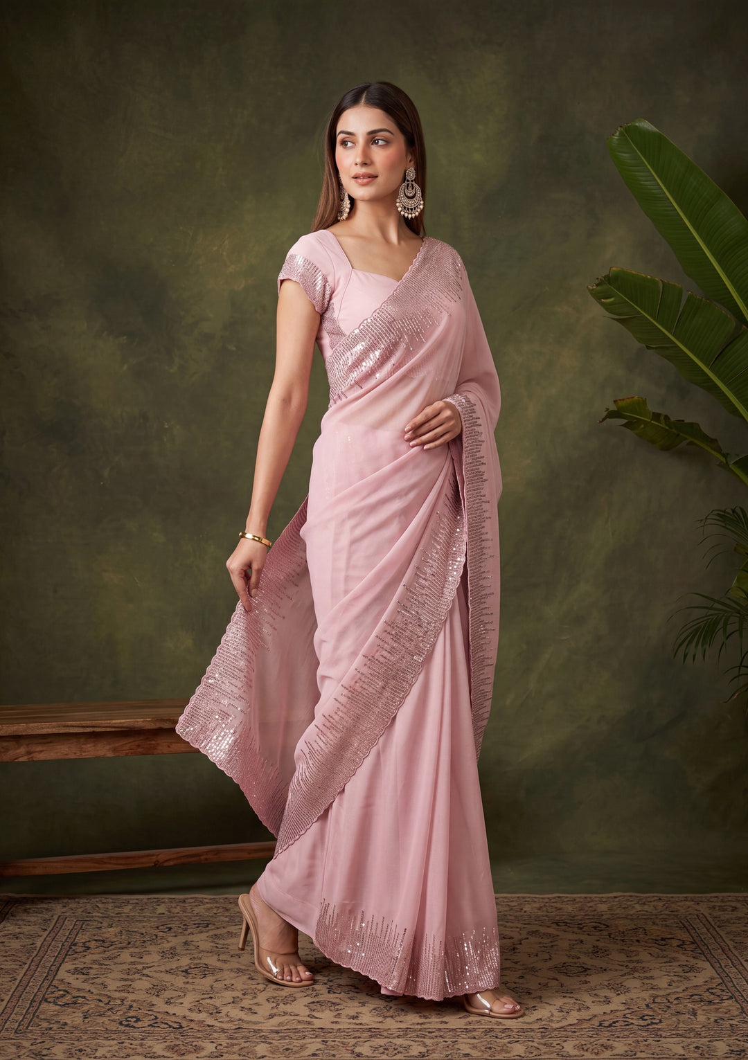 Baby Pink Sequins Georgette Saree