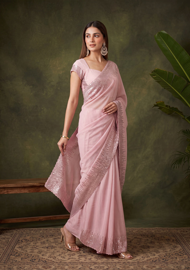 Baby Pink Sequins Georgette Saree