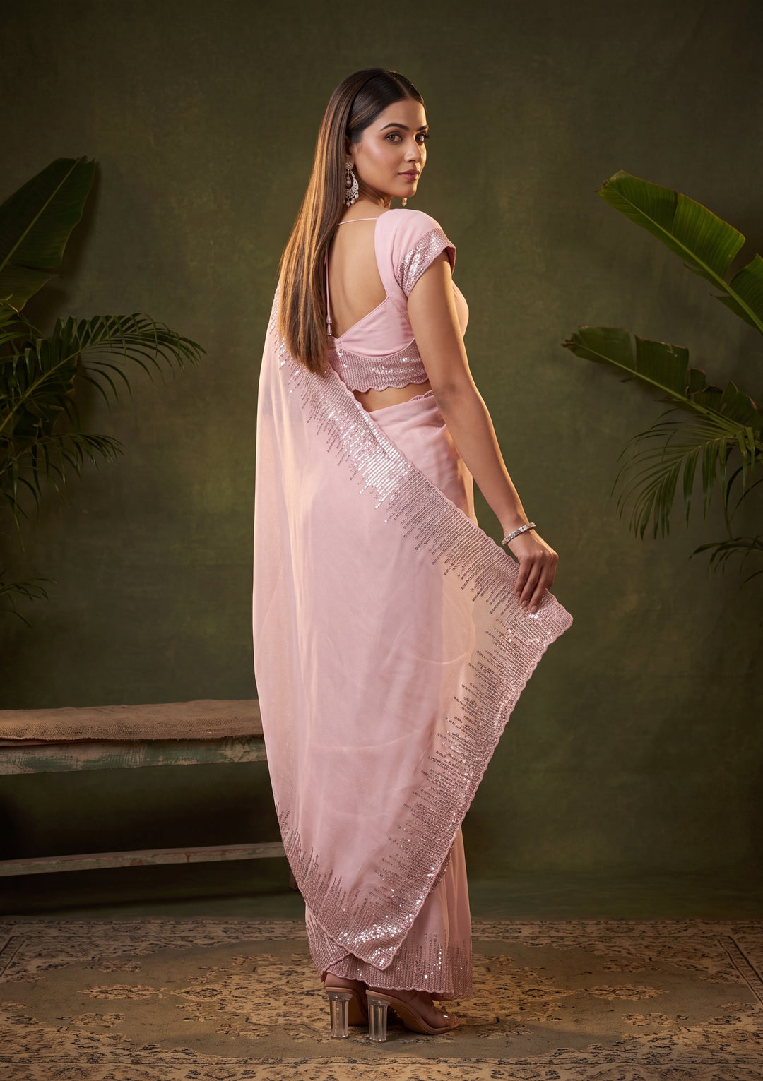 Baby Pink Sequins Georgette Saree