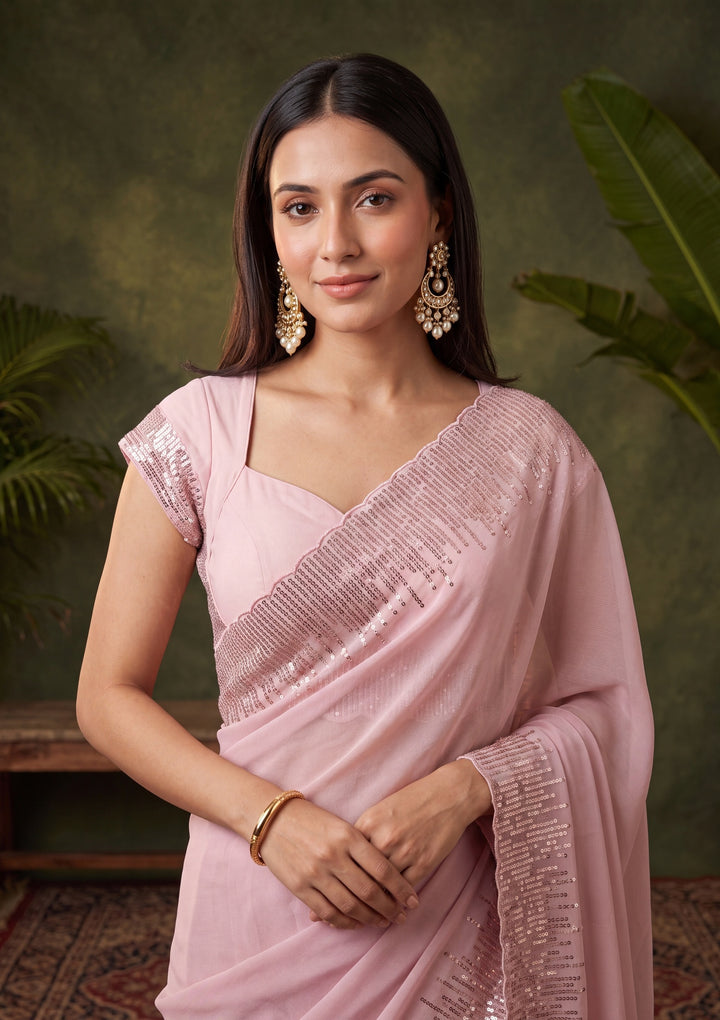 Baby Pink Sequins Georgette Saree