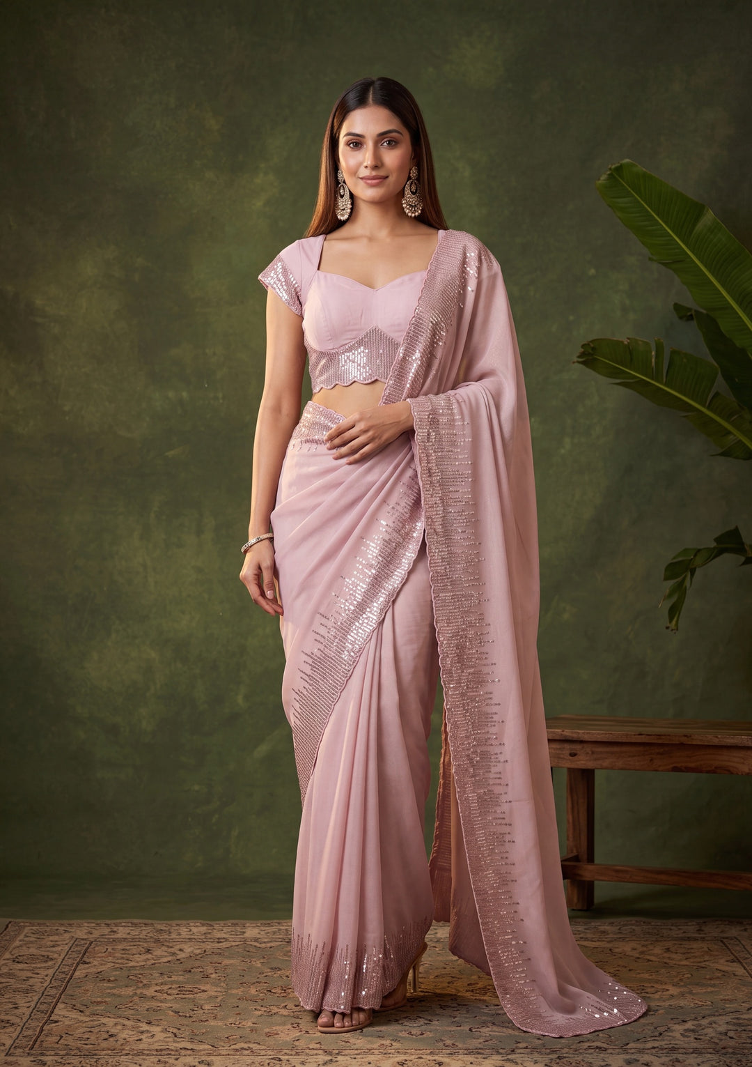 Baby Pink Sequins Georgette Saree